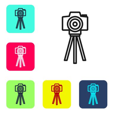 Siyah çizgi fotoğraf makinesi simgesi beyaz arkaplanda izole edildi. Foto kamera. Dijital fotoğrafçılık. Renkli kare düğmelerle simgeleri ayarla. Vektör.