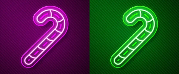 Glödande Neon Linje Julgodis Sockerrör Med Ränder Ikon Isolerad Lila — Stock vektor