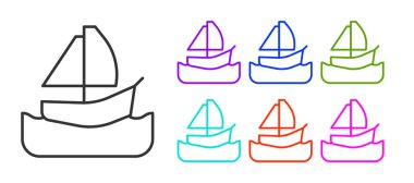 Siyah çizgili yat ya da yelkenli gemi ikonu beyaz arka planda izole edilmiş. Yelkenli deniz seyahati. Simgeleri renklendirin. Vektör