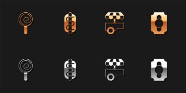 Lolipop, Hotdog sandviçi, Fast Street yemek arabası ve Circus bilet ikonu. Vektör