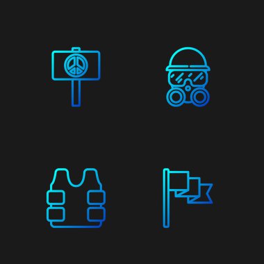 Çizgiyi belirle, kurşun geçirmez yelek, Barış ve Gaz maskesi. Renk simgeleri. Vektör