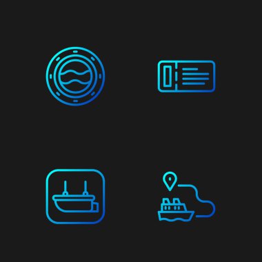 Hat çizgisi, filika, deniz manzaralı lomboz ve gemi bileti. Renk simgeleri. Vektör