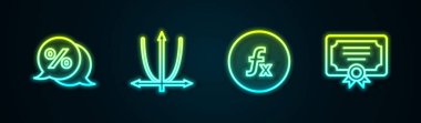 Satır İndirim yüzde etiketi, Grafik, çizelge, diyagram, fonksiyon matematiksel sembolü ve sertifika şablonunu ayarla. Parlayan neon ikonu. Vektör