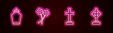 Cenaze vazosu, çiçek, haçlı mezar ve... Parlayan neon ikonu. Vektör