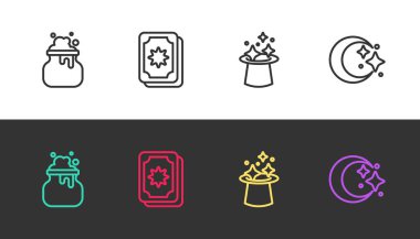 Cadı kazanı, Tarot kartları, sihirli şapka ve ay ve siyah beyaz yıldızlar. Vektör