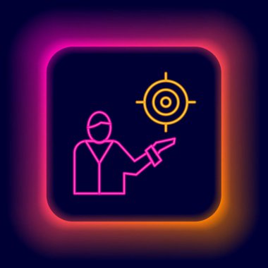 Parlayan neon hattı pazarlama hedef strateji konsepti simgesi siyah arkaplanda izole edildi. İnsanların imzasıyla nişan al. Renkli taslak konsepti. Vektör