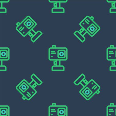 Hat Eylemi ekstrem kamera simgesi mavi arkaplanda kusursuz desen izole etti. Ekstrem sporları çekmek için video kamera ekipmanı. Vektör