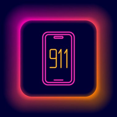 Parlayan neon hattı cep telefonu 911 'i arama ikonu siyah arka planda izole edildi. Polis, ambulans, itfaiye, çağrı, telefon. Renkli taslak konsepti. Vektör