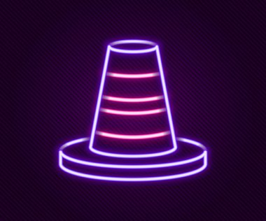 Parlayan neon hattı trafik konisi simgesi siyah arkaplanda izole edildi. Renkli taslak konsepti. Vektör
