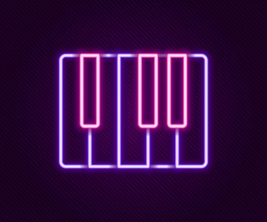 Parlayan neon hattı Müzik Sentezleyici simgesi siyah arkaplanda izole edildi. Elektronik piyano. Renkli taslak konsepti. Vektör