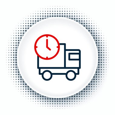 Çizgi Lojistik dağıtım kamyonu ve zaman ikonu beyaz arka planda izole edildi. Teslimat zamanı ikonu. Renkli taslak konsepti. Vektör