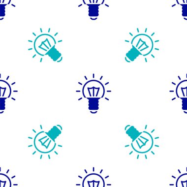 Fikir ikonu kavramına sahip mavi ampul beyaz arka planda izole edilmiş pürüzsüz desen. Enerji ve fikir sembolü. İlham konsepti. Vektör.