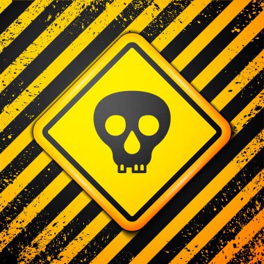 Siyah Kafatası simgesi sarı arkaplanda izole edildi. Mutlu Cadılar Bayramı Partisi. Uyarı işareti. Vektör