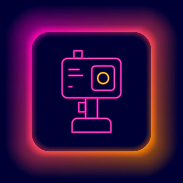 Glödande Neon Line Action Extrem Kamera Ikon Isolerad Svart Bakgrund — Stock vektor