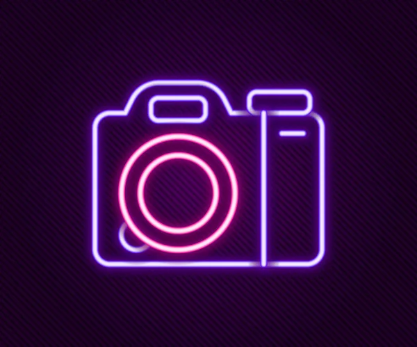 Icono Cámara Fotográfica Línea Neón Brillante Aislado Sobre Fondo Negro — Vector de stock