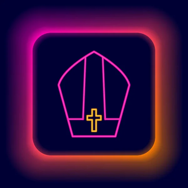 Gloeiende Neon Lijn Paus Hoed Pictogram Geïsoleerd Zwarte Achtergrond Christelijke — Stockvector