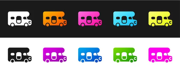 Set Motorhome Vehicle Icon Isolated Black White Background Camper Mobile — Stock Vector