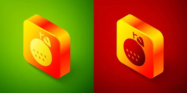 在绿色和红色背景上隔离的等距橙色水果图标 正方形按钮 — 图库矢量图片