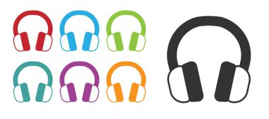 Siyah kulaklık simgesi beyaz arkaplanda izole edilmiş. Kulaklıklar. Müzik, hizmet, iletişim ve operatör konsepti. Simgeleri renklendirin. Vektör