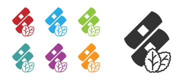 Siyah tıbbi nikotin bantları beyaz arka planda izole edilmiş. Anti-tütün tıbbi sıvası. Simgeleri renklendirin. Vektör