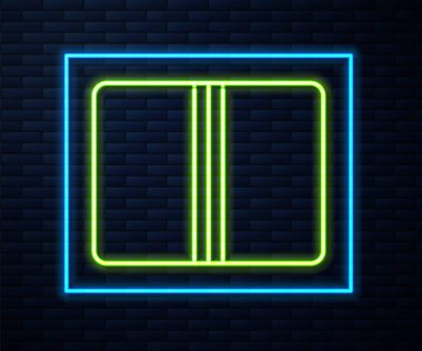 Parlayan neon hattı kumaş rulo ikonu tuğla duvar arka planında izole edildi. Yuvarlan, paspas, halı, halı, halı ya da kağıt rulo ikonu. Vektör.