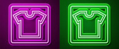 Parlayan neon çizgisi dikiş deseni simgesi mor ve yeşil arkaplanda izole edildi. Dikiş için işaretler. Vektör.