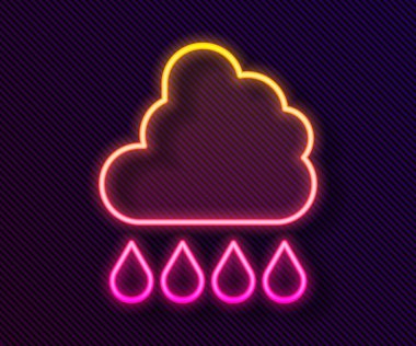 Siyah zemin üzerinde yağmur ikonu olan parlak neon çizgisi. Yağmur damlaları ile yağmur bulutu yağışı. Vektör