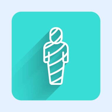 Beyaz çizgi Mısır mumya ikonu uzun gölge arkaplan izole. Yeşil kare düğmesi. Vektör