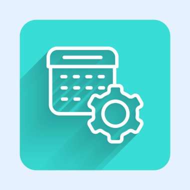 Beyaz çizgi takvim ayarları uzun gölge arkaplanı ile izole edilmiş. Tarih ayarları. Yeşil kare düğmesi. Vektör