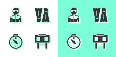 Spor mekanik skorbordu, dalış için dalış kıyafeti, pusula ve yüzme ikonu. Vektör