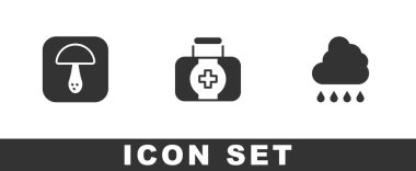 Mantarı, ilk yardım çantasını ve yağmur ikonlu Bulut 'u hazırla. Vektör