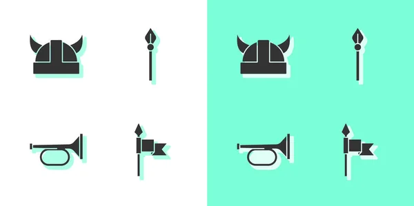 Set Medieval Spear Viking Horned Helmet Trumpet Icon Vector — Stock Vector
