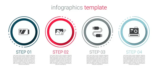 Set Akku Für Kamera Fotoretusche Usb Kabel Und Geschäftsinfografische Vorlage — Stockvektor