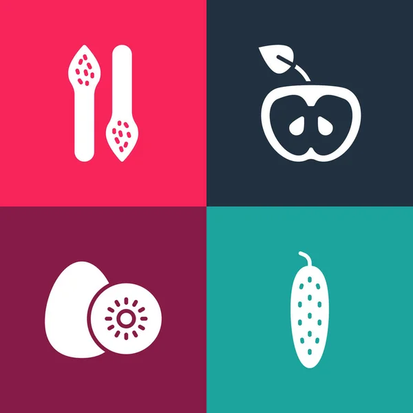 Set Pop Art Komkommer Kiwi Fruit Apple Asperges Icoon Vector — Stockvector