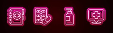Hat panosu, su toplayan haplar, el dezenfektanı şişesi ve çapraz hastaneli harita işaretleyicisi. Parlayan neon ikonu. Vektör