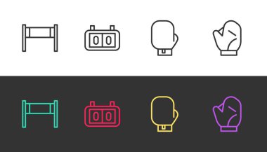 Voleybol ağı, spor mekanik skorbordu, boks eldiveni ve beysbol sahasını siyah ve beyaza ayarla. Vektör