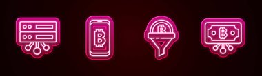 Line Server, cep telefonundan madencilik bitcoin, satış hunisi ve Bitcoin devresi. Parlayan neon ikonu. Vektör