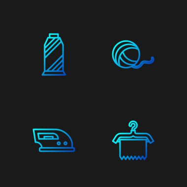 Hat askısı gardırobu, elektrikli ütü, dikiş makarası ve iplik topu. Renk simgeleri. Vektör