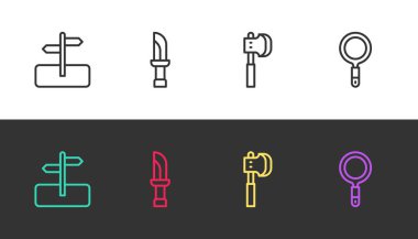 Çizgi trafik levhası, Bıçak, tahta balta ve büyüteç siyah beyaz. Vektör