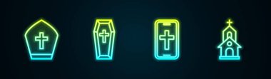Papa şapkası, Tabut, Christian Cross telefonda ve kilise binasında. Parlayan neon ikonu. Vektör