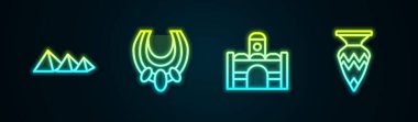 Mısır piramitleri, Mısır gerdanlığı, ev ve vazo. Parlayan neon ikonu. Vektör