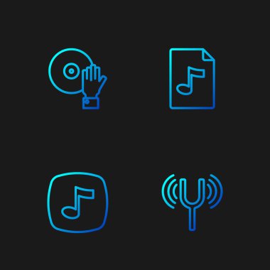 Müzikal ayar çatalı, nota, ton, DJ müzik ve MP3 dosya dökümanlarını ayarla. Renk simgeleri. Vektör