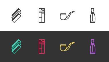 Çizgi halinde sigara sarma kağıtları, çakmak, pipo içme ve siyah beyaz üzerine Vape sıvı şişe. Vektör