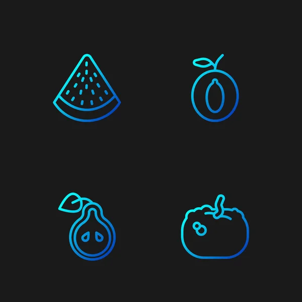 Set Line Citrouille Poire Pastèque Fruits Prune Icônes Couleurs Dégradées — Image vectorielle