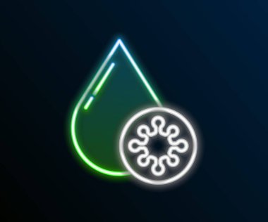 Parlayan neon hattı kan testi ve virüs molekülü koronavirüs ikonu siyah arka planda izole edildi. Coronavirus, COVID-19. 2019-nCoV. Renkli taslak konsepti. Vektör