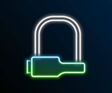 Parlayan neon hattı bisiklet kilidi U biçimli endüstriyel ikon siyah arka planda izole edildi. Renkli taslak konsepti. Vektör