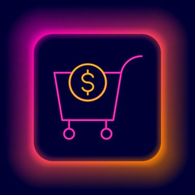 Parlayan neon hattı alışveriş arabası ve siyah arka planda izole edilmiş dolar sembolü. İnternetten satın alma konsepti. Teslimat servisi. Süpermarket sepeti. Renkli taslak konsepti. Vektör