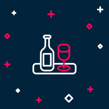 Mavi arka planda cam ikon olan çizgi şarap şişesi. Renkli taslak konsepti. Vektör