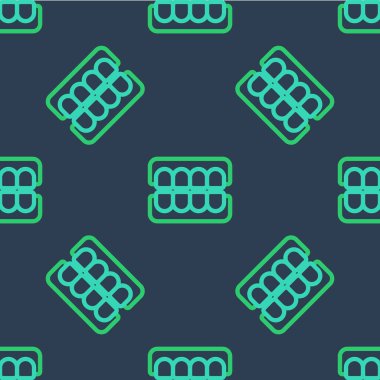 Çizgi sahte çene simgesi mavi arkaplanda kusursuz desen izole etti. Diş çene ya da takma dişler, kesici dişli takma dişler. Vektör