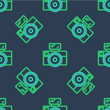 Işık flaş ikonlu çizgi fotoğraf makinesi mavi arkaplanda izole edilmiş kusursuz desen. Foto kamera. Dijital fotoğrafçılık. Vektör